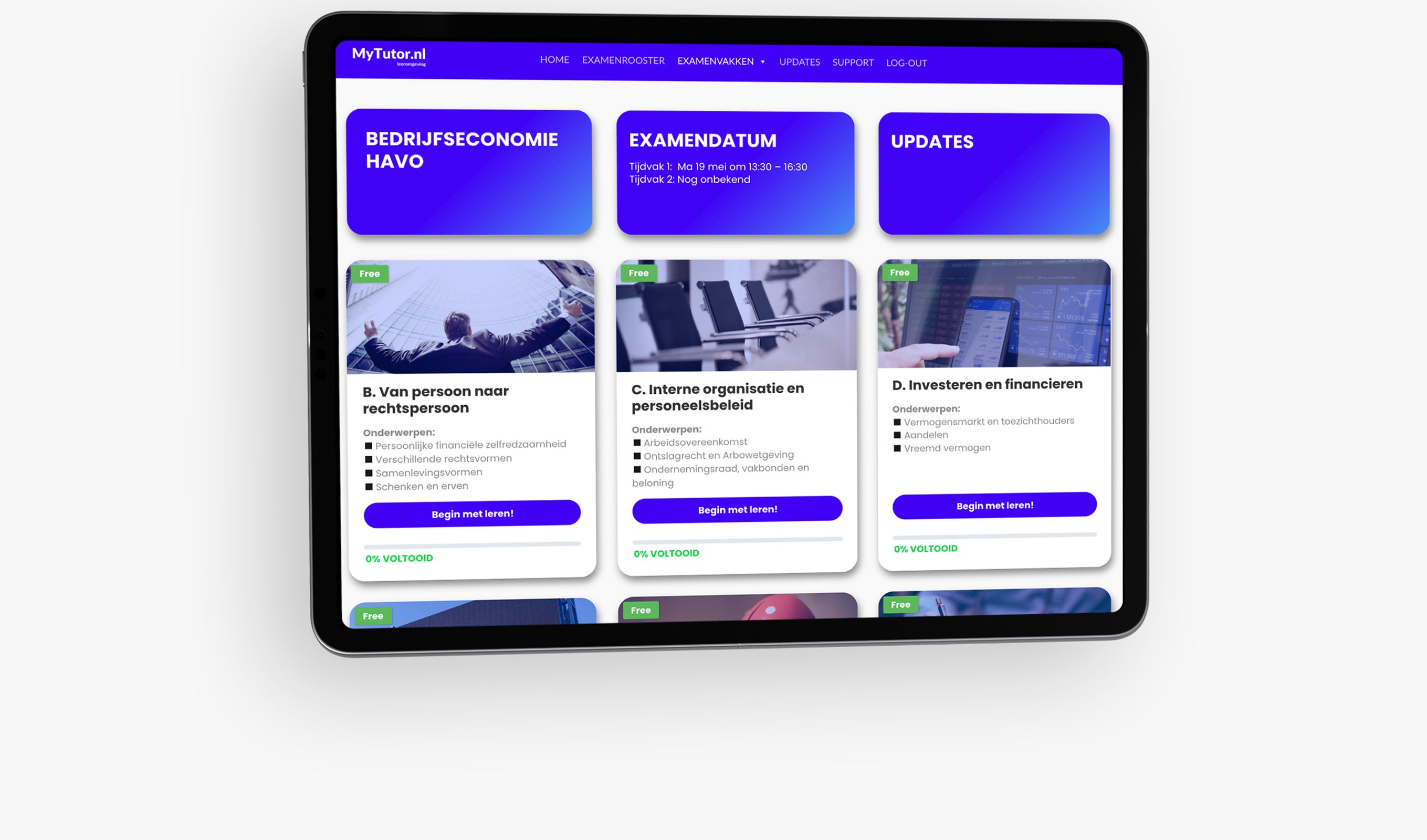 Interactieve leeromgeving binnen de online examentraining van MyTutor.nl voor het vak bedrijfseconomie op HAVO-niveau.