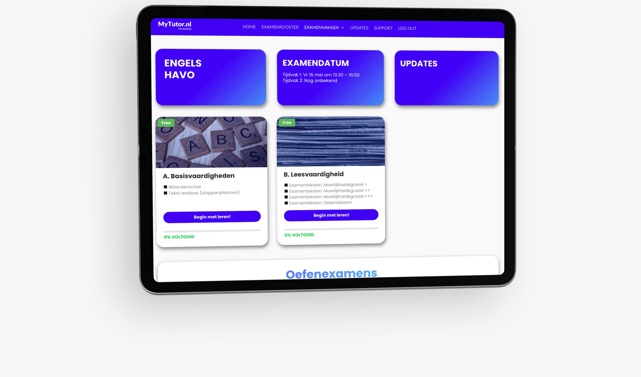 Interactieve leeromgeving binnen de online examentraining van MyTutor.nl voor het vak Engels op HAVO-niveau.