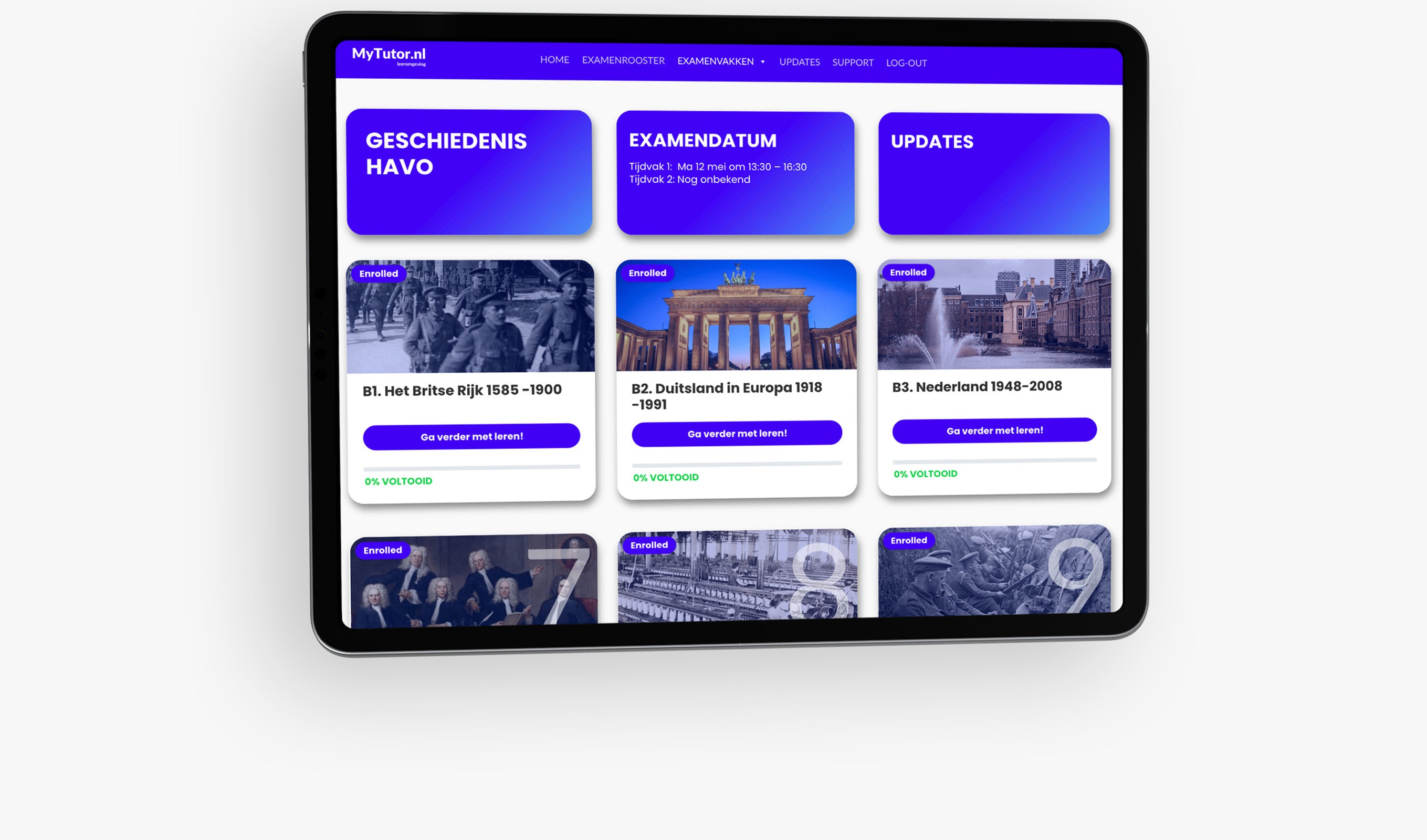 Interactieve leeromgeving binnen de online examentraining van MyTutor.nl voor het vak geschiedenis op HAVO-niveau.