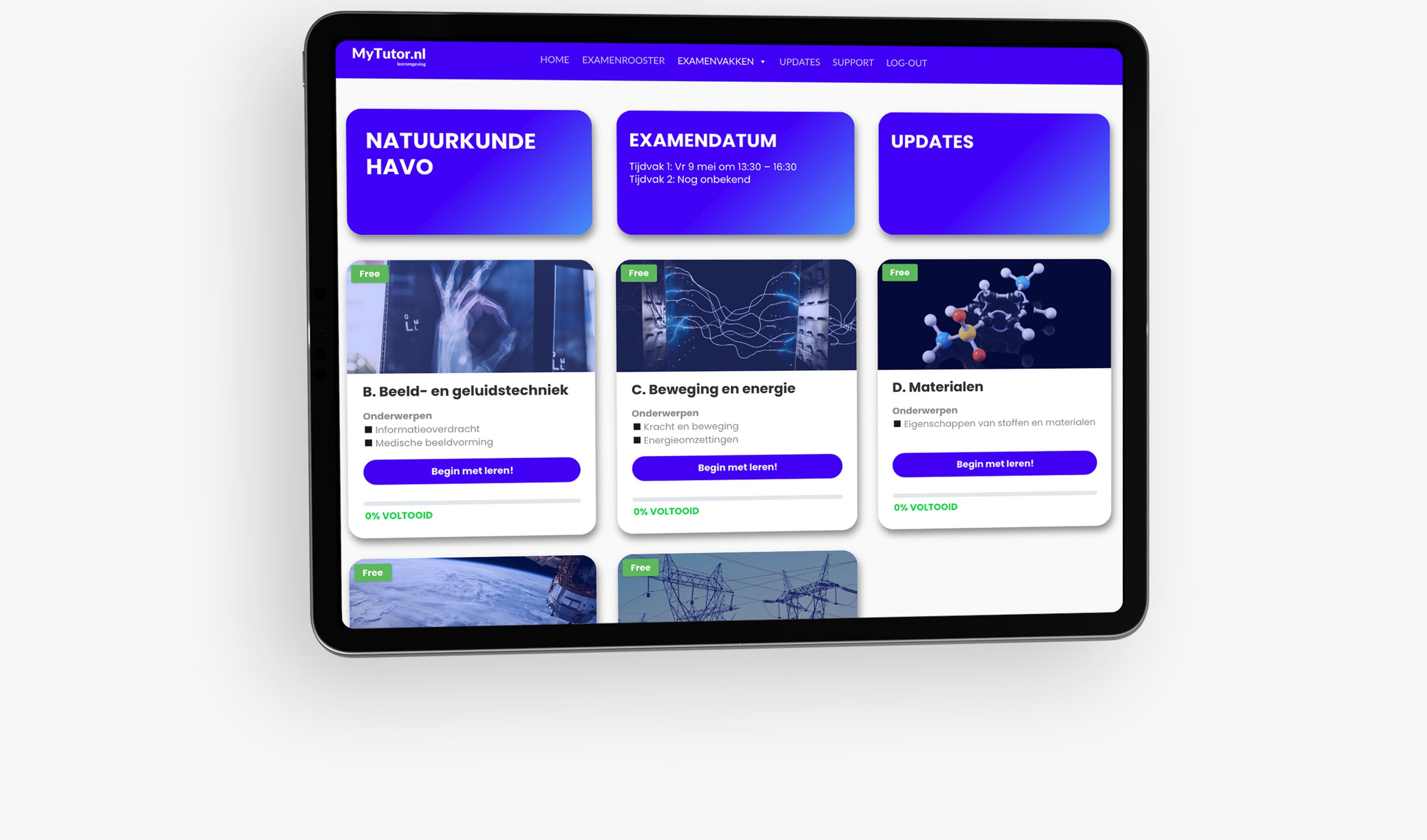 Interactieve leeromgeving binnen de online examentraining van MyTutor.nl voor het vak natuurkunde op HAVO-niveau.
