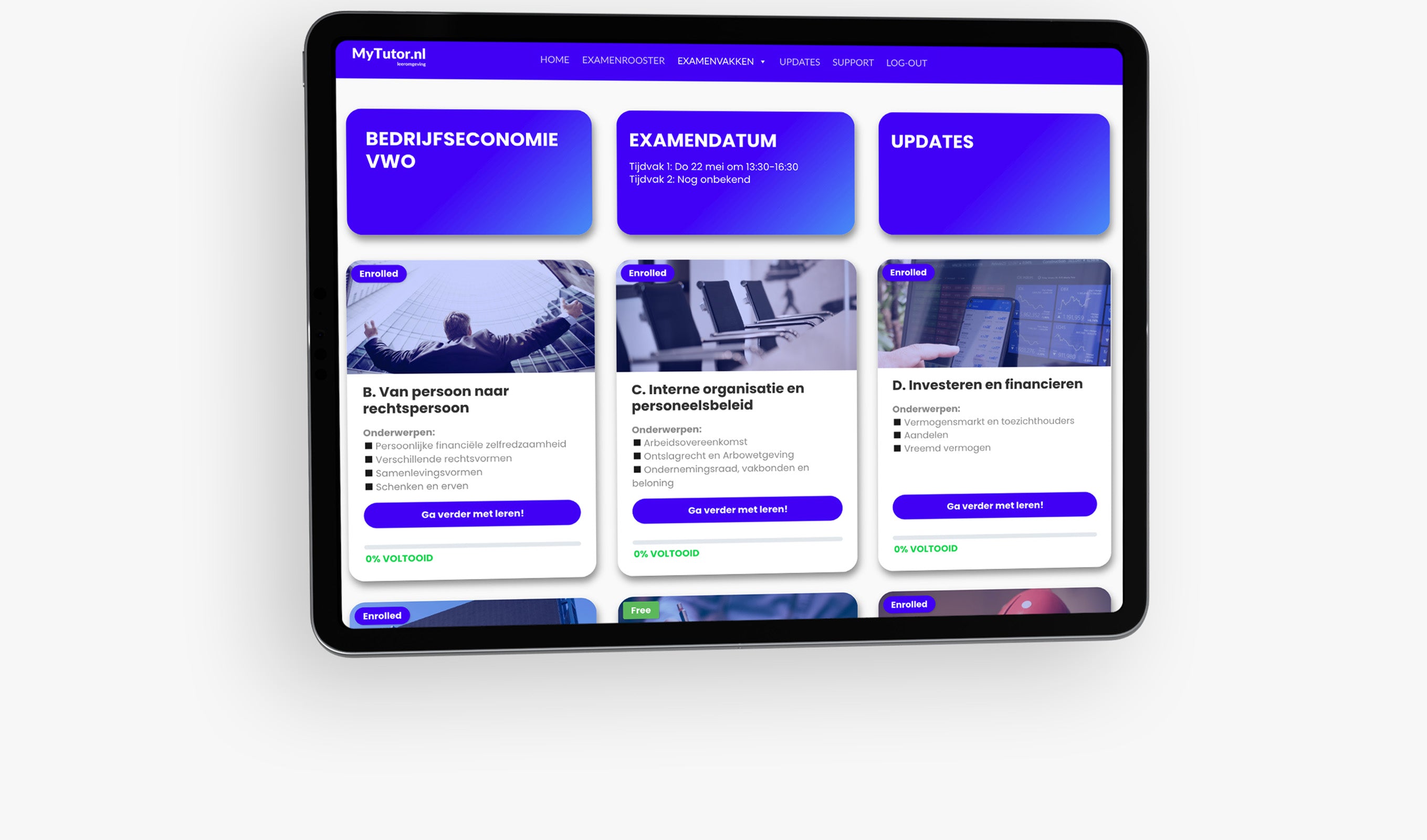 Interactieve leeromgeving binnen de online examentraining van MyTutor.nl voor het vak bedrijfseconomie op VWO-niveau.